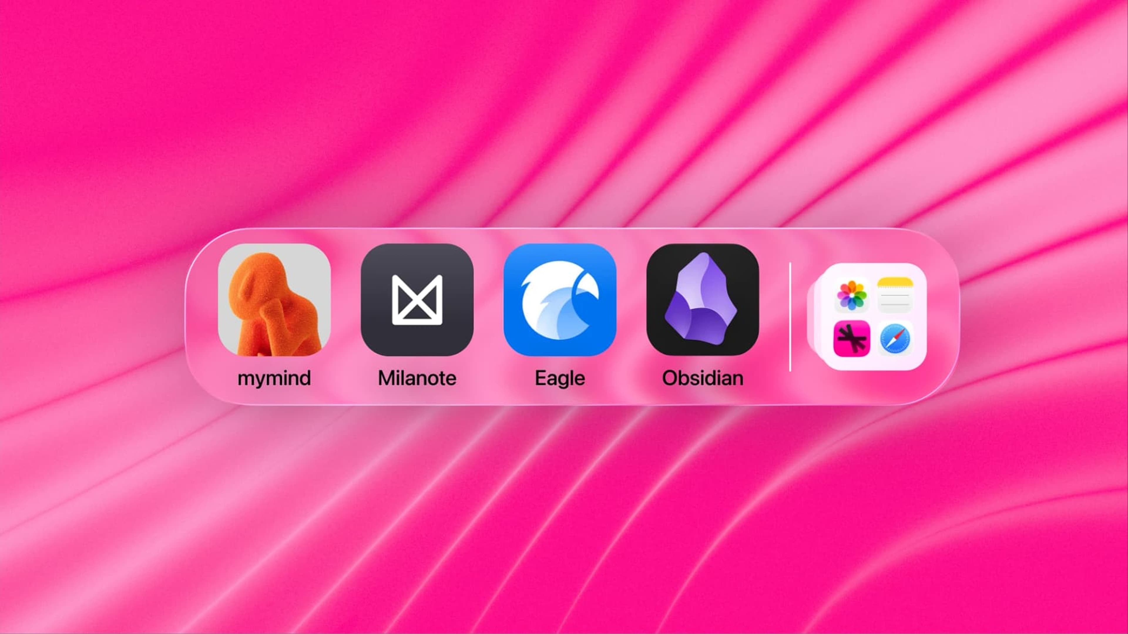 Dock of competitor app icons analyzed for Spur: mymind, Milanote, Eagle, and Obsidian