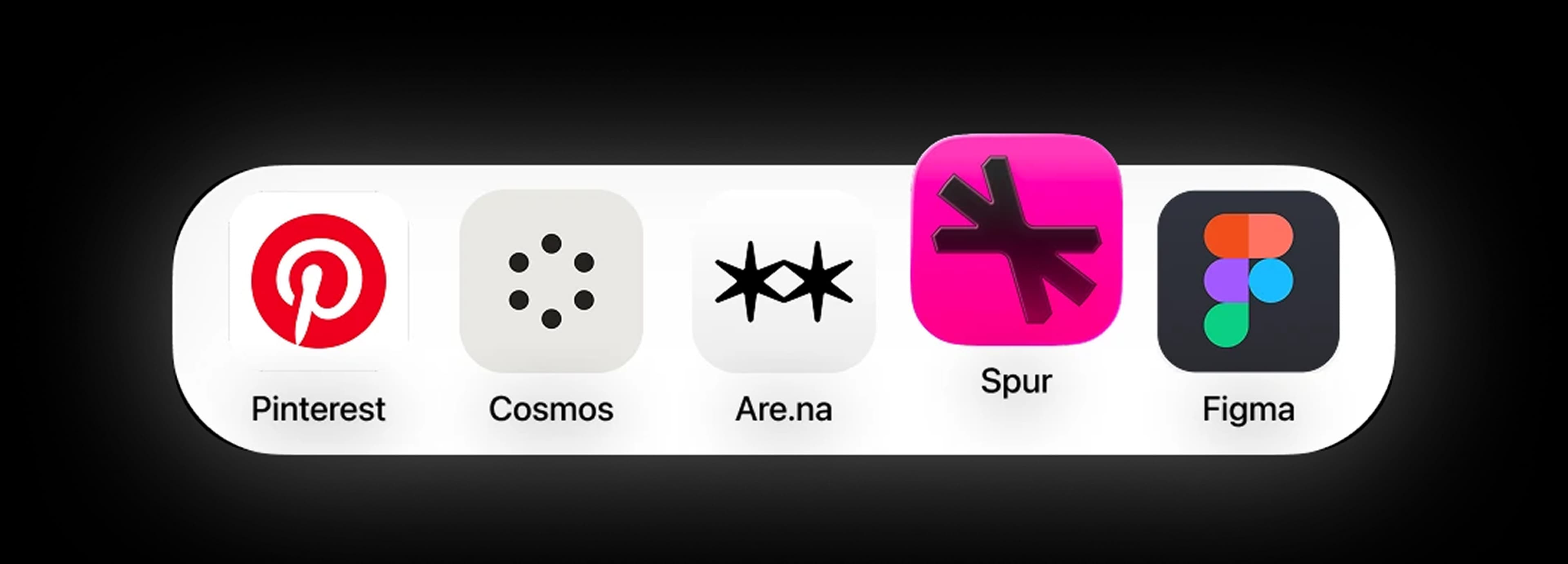 Dock of app icons illustrating Spur's pivot, positioned between discovery apps like Pinterest, Cosmos, and Are.na, and creation tools like Figma