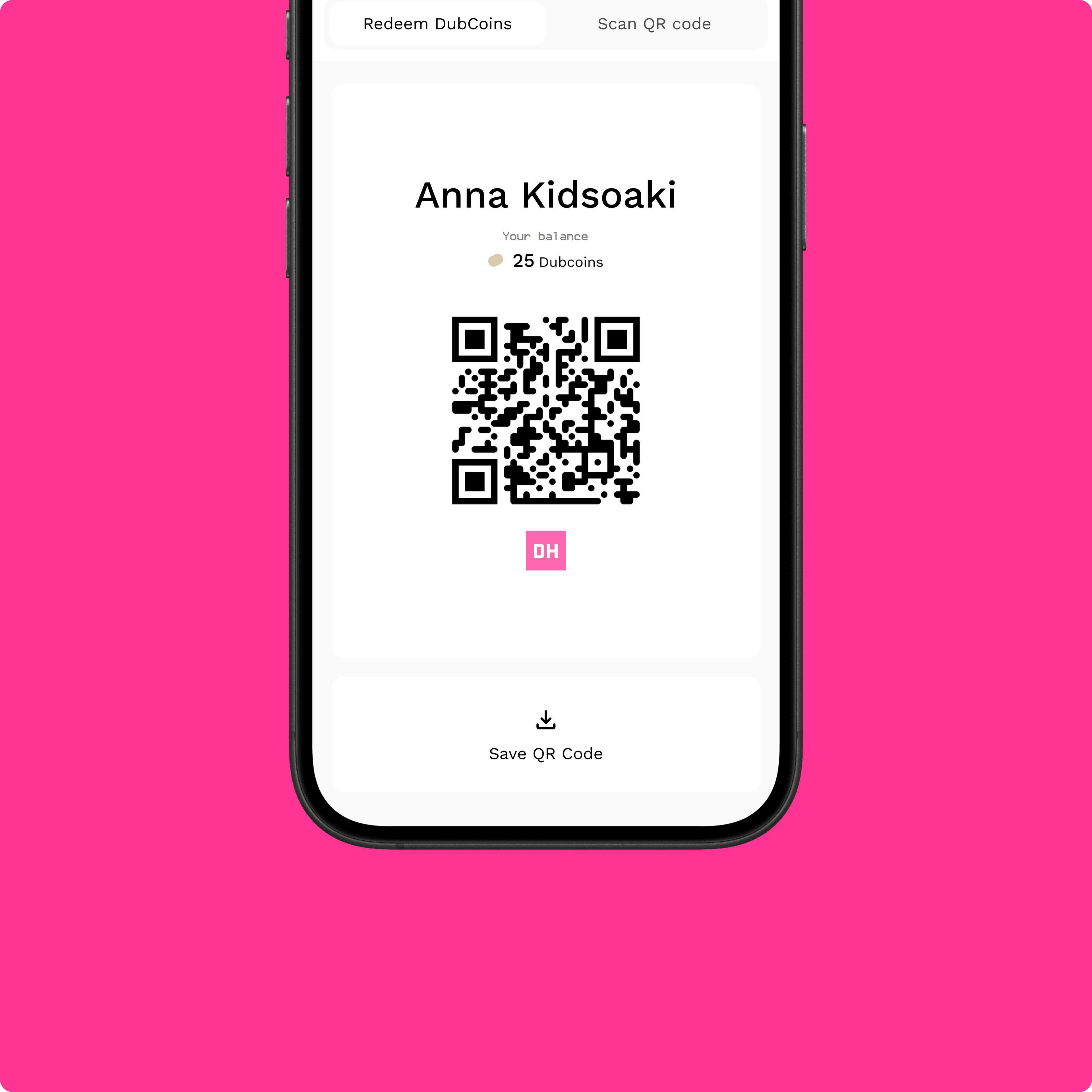 DubCoin prizes screen showing a QR code to redeem coins