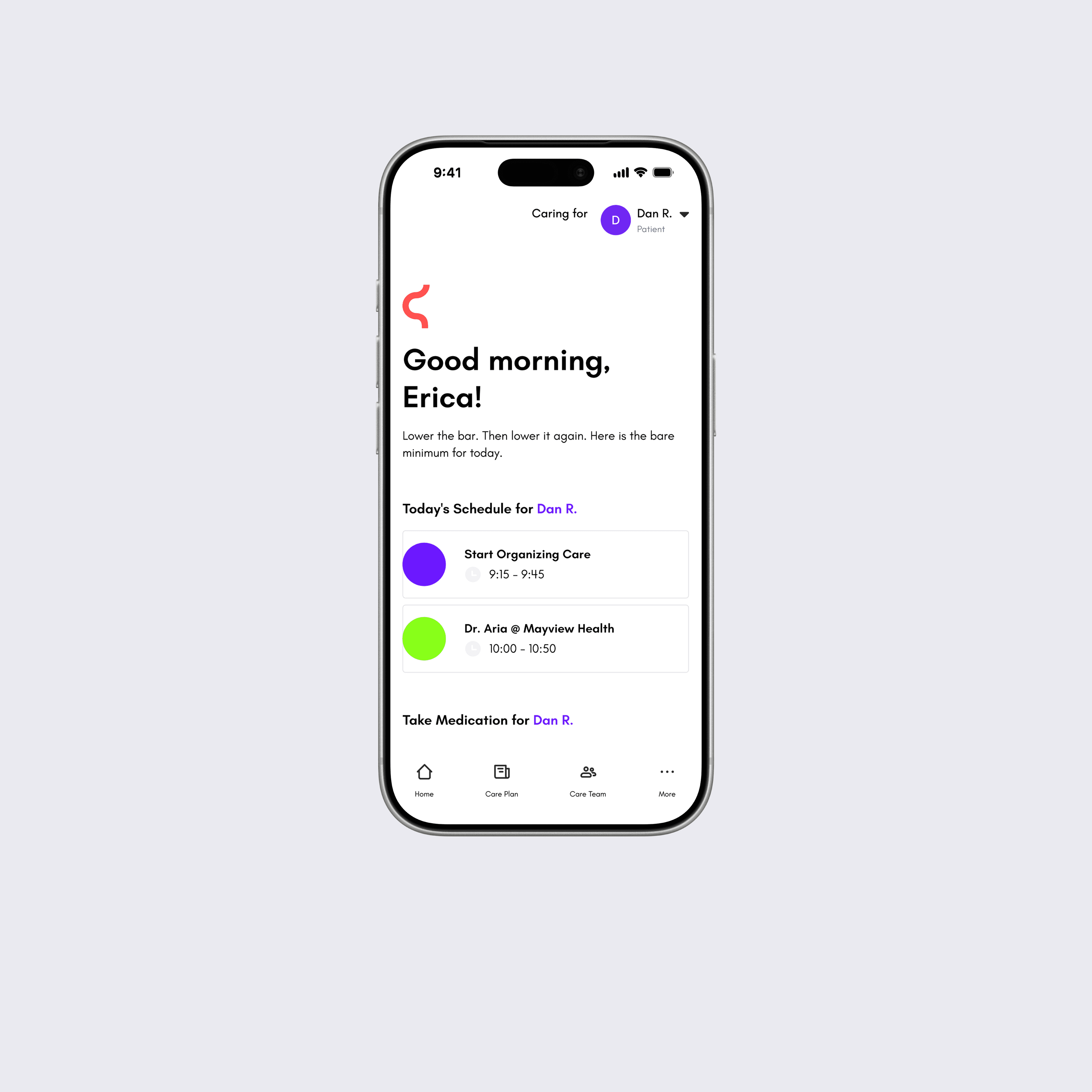 Cura app home screen showing today's caregiving schedule