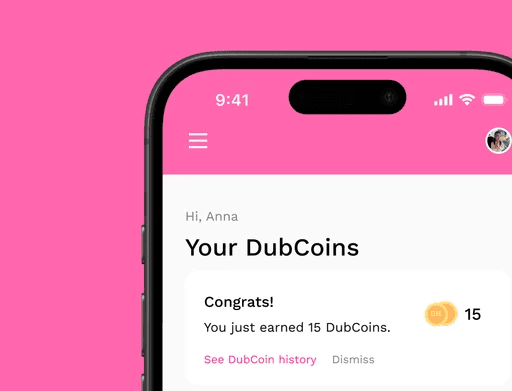 Live earn notifications screen in the DubCoin app