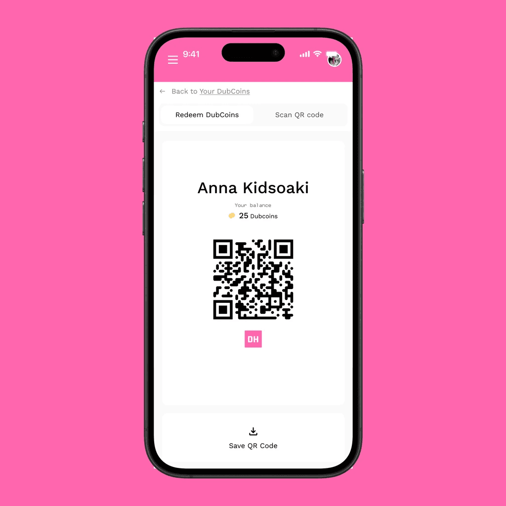 Personal QR code screen in the DubCoin app