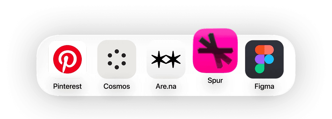 Dock of app icons illustrating Spur's pivot, positioned between discovery apps like Pinterest, Cosmos, and Are.na, and creation tools like Figma