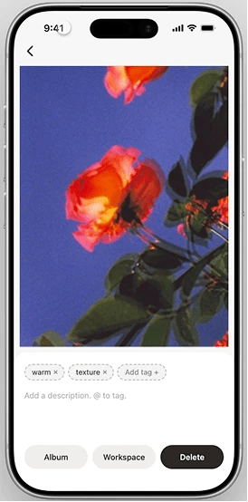 Spur prototype screen showing a saved image with tags and album options